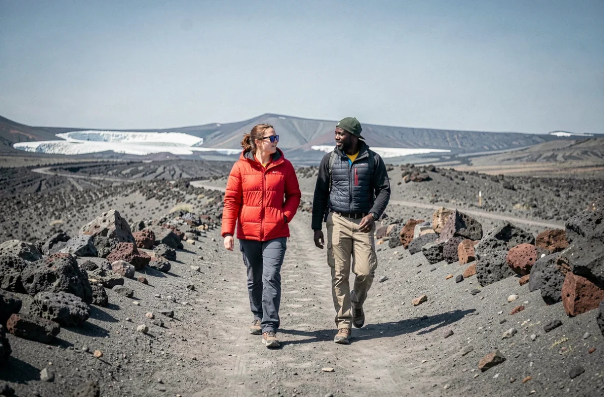 Randonneuse accompagnée de son guide local sur le sentier de haute altitude du Kilimandjaro dans la zone désertique alpine