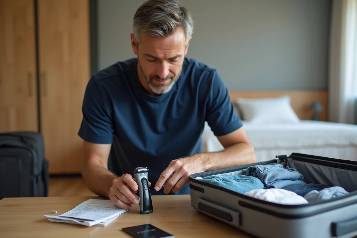 Homme qui range son rasoir électrique dans un sac transparent avant de préparer ses bagages de voyage