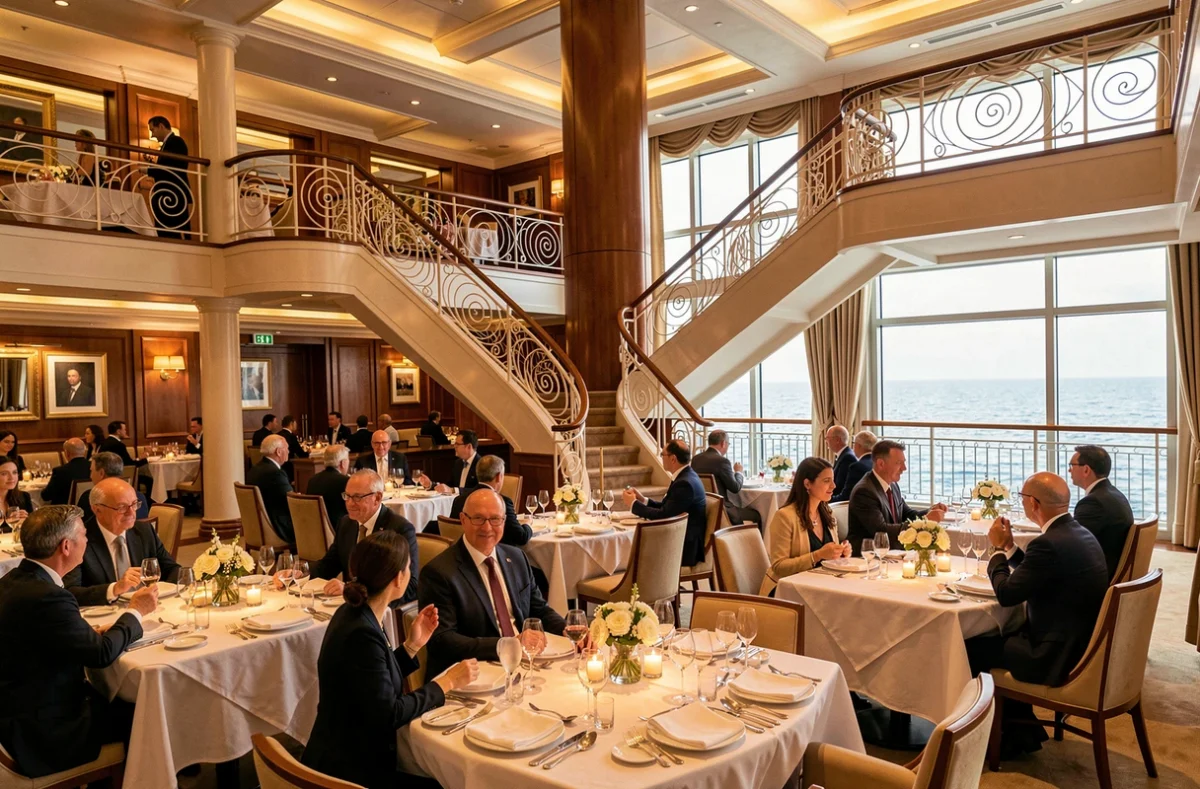 Grande salle à manger de luxe sur un paquebot avec tables dressées et décor raffiné