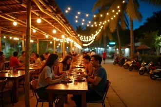 Terrasse de restaurant animée à Kuta Lombok le soir avec des voyageurs attablés sous des guirlandes lumineuses