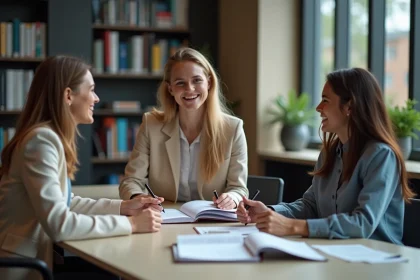 Trois jeunes adultes en discussion dans une salle moderne