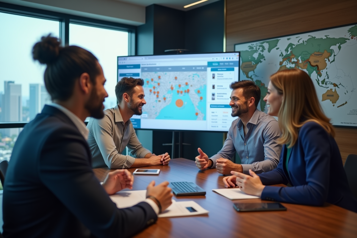 Groupe de professionnels discutant de cartes digitales