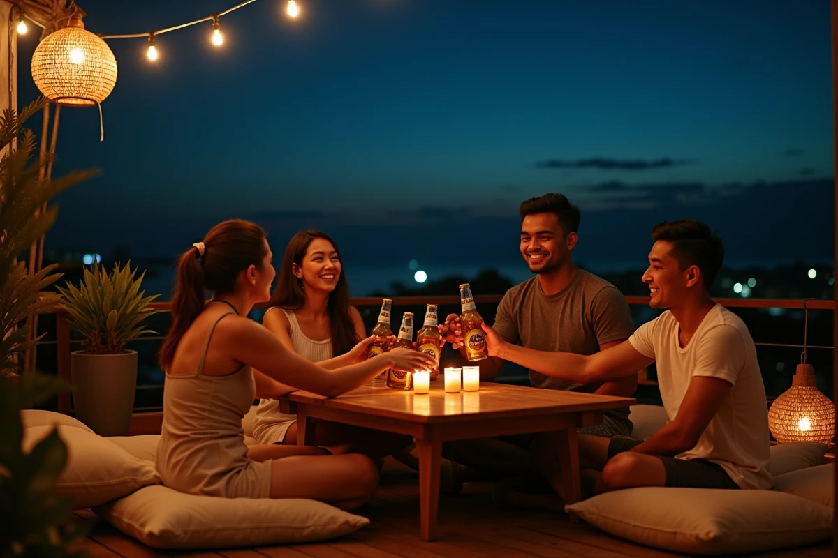 Groupe d'amis se retrouvant sur un rooftop bar à Kuta Lombok sous un ciel étoilé