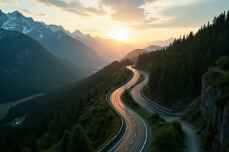 Route de montagne N260 au lever du soleil vue drone