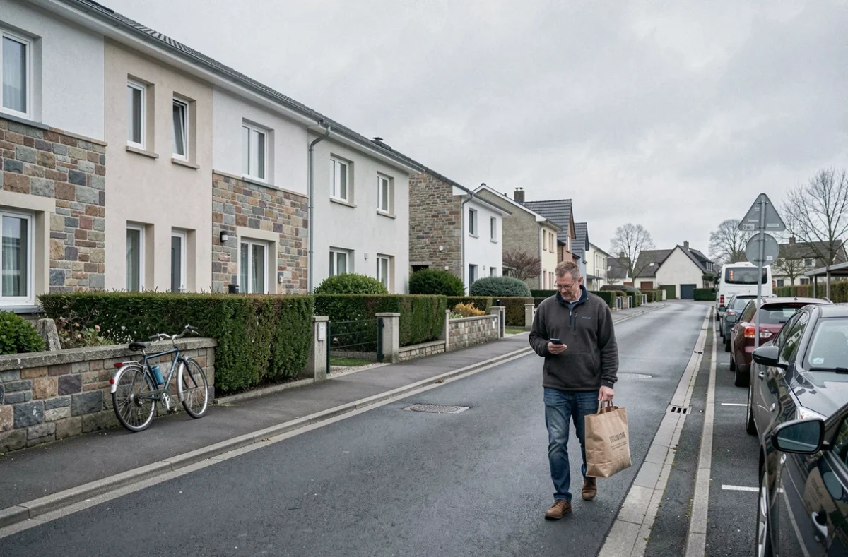 Rue résidentielle calme de Rodange avec maisons mitoyennes et habitant en train de marcher au Luxembourg
