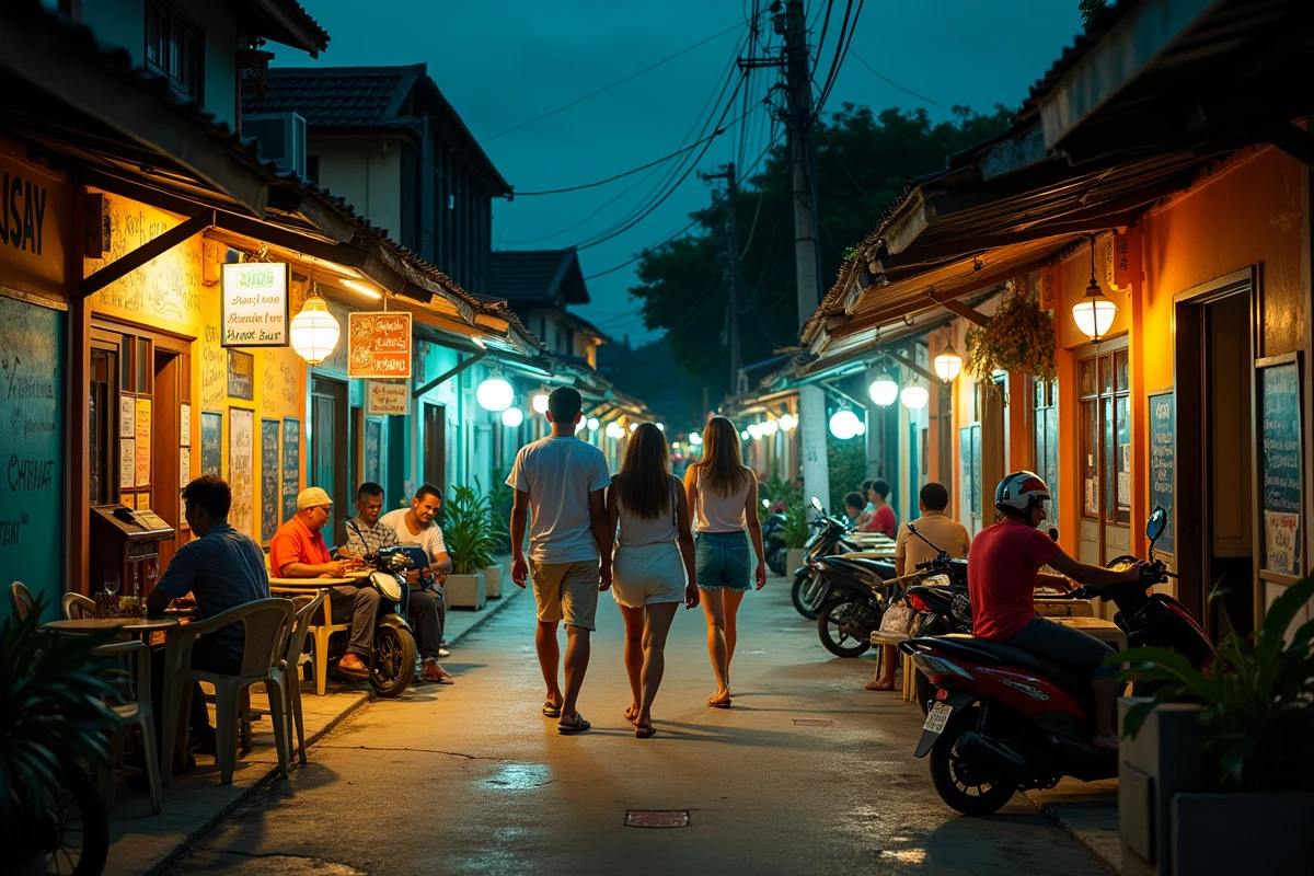 Rue animée du village de Kuta Lombok le soir avec warungs et touristes se promenant