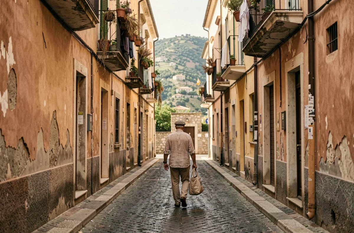 Ruelle pavée du centre historique de Corleone en Sicile avec des bâtiments aux façades usées et un habitant local marchant au loin