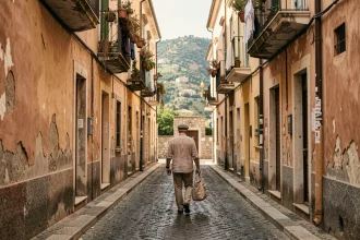 Ruelle pavée du centre historique de Corleone en Sicile avec des bâtiments aux façades usées et un habitant local marchant au loin