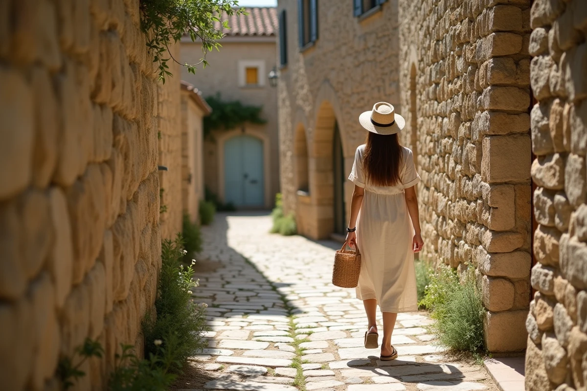 Femme se promenant dans une ruelle pavée et pittoresque du village médiéval de Gordes entourée de murs en pierre sèche