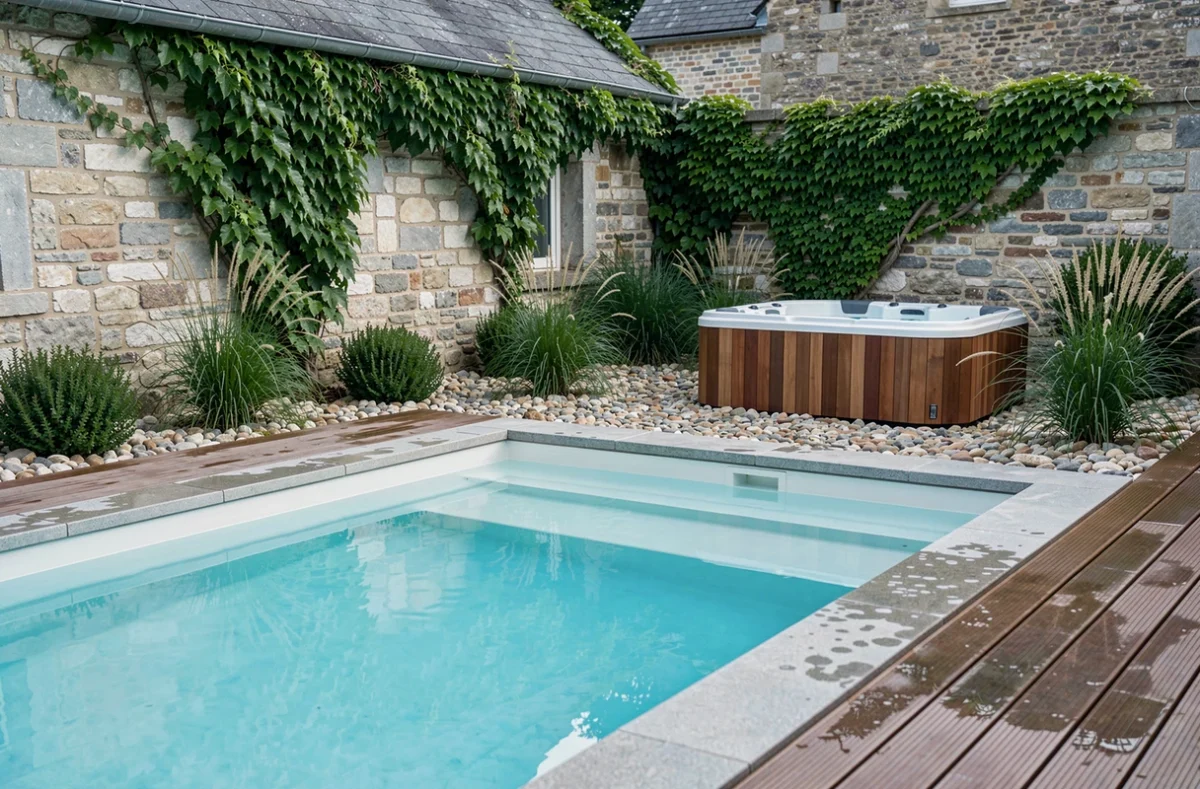 Piscine chauffée et spa extérieur du gîte Le Spa'tio à Lillers dans les Hauts-de-France