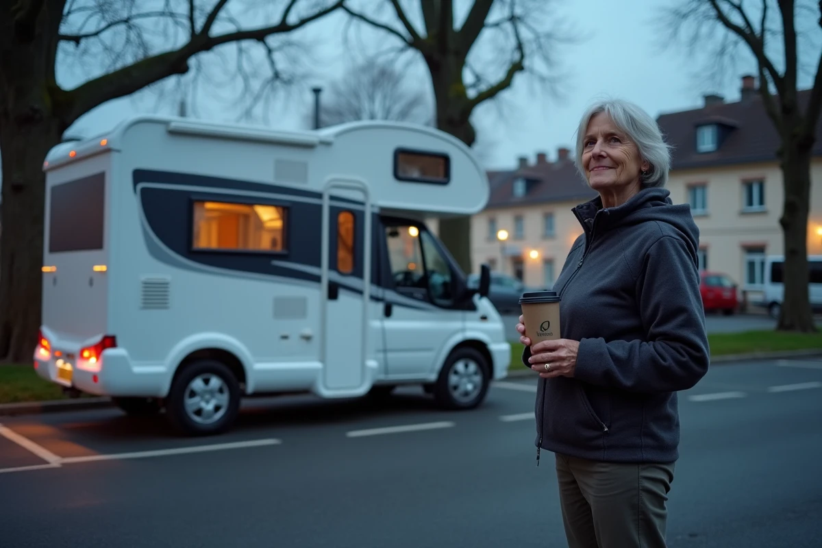 Femme en voyage en camping-car stationnée dans un parking municipal du Mans en fin de journée