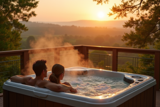 Terrasse en bois avec jacuzzi privé en Normandie au coucher du soleil