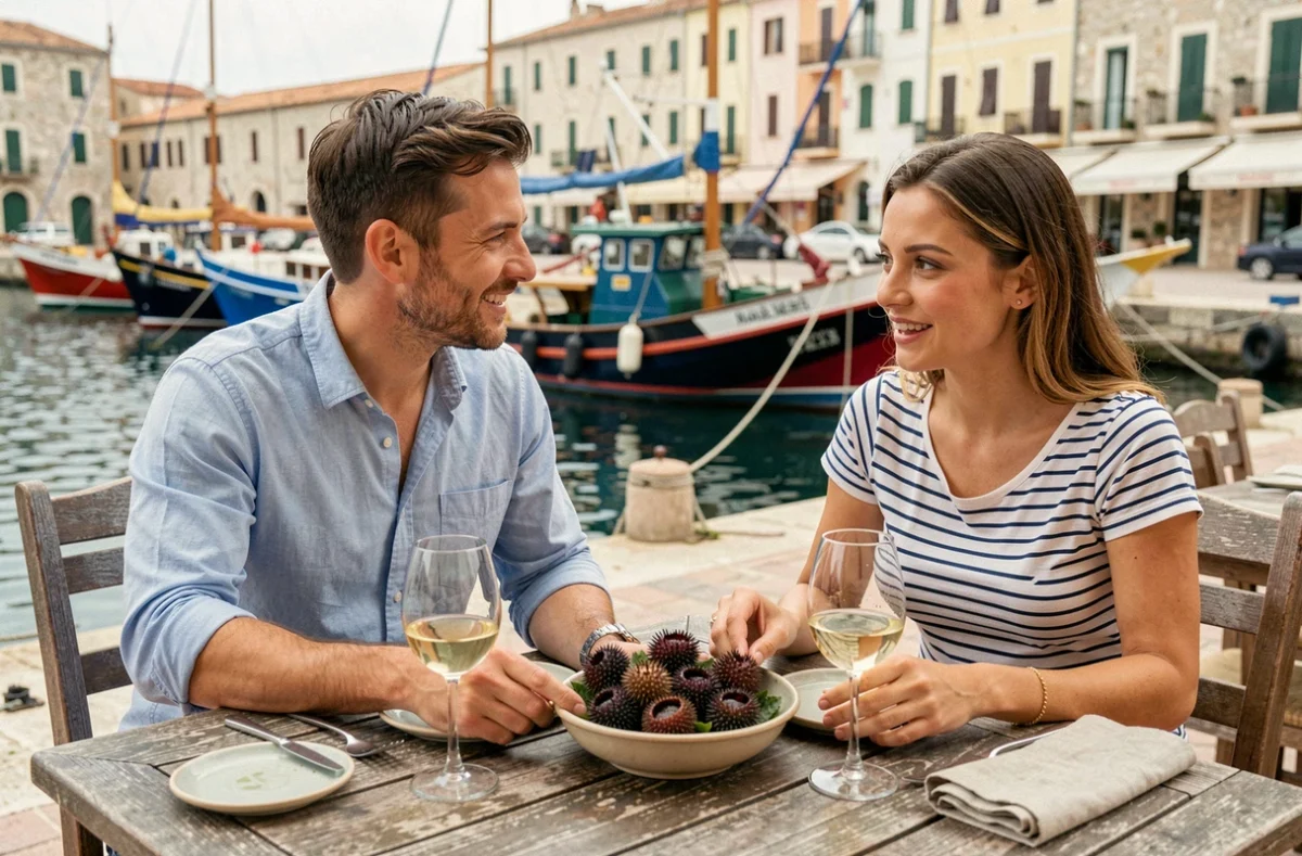 Couple savourant des fruits de mer et du vin blanc sur une terrasse du vieux port de Cassis avec bateaux colorés en fond