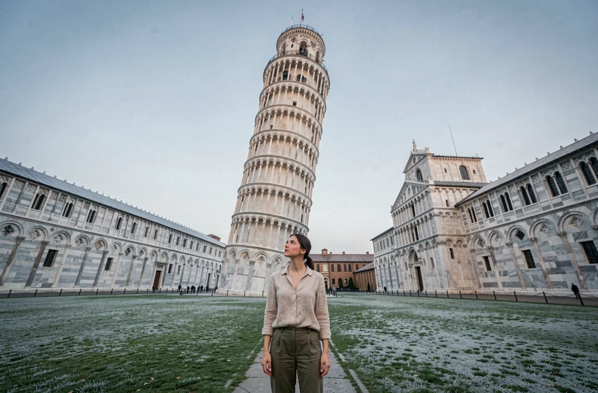 Femme contemplant la Tour de Pise de près en matinée calme sans foule sur la Piazza dei Miracoli