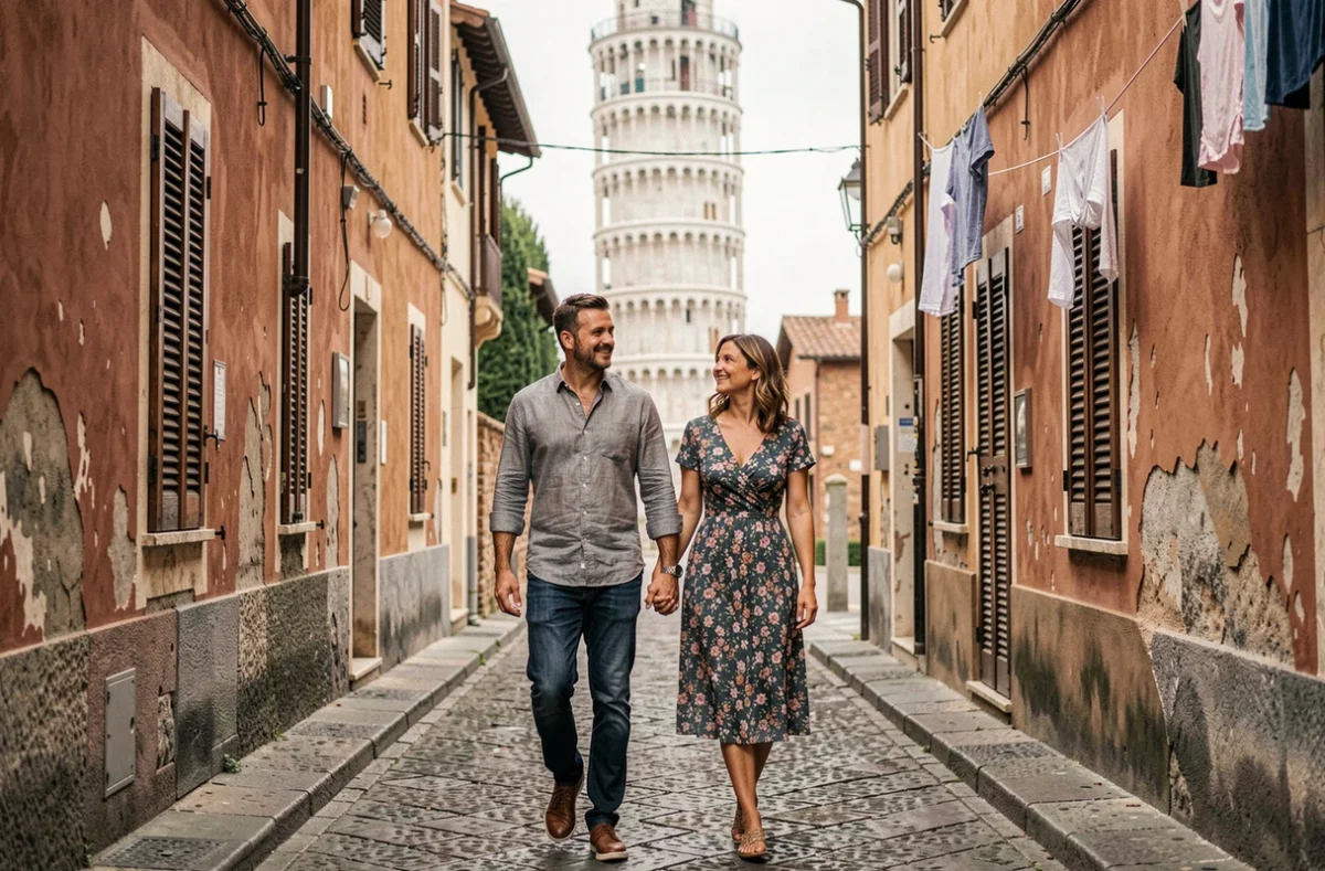 Couple se promenant dans une ruelle de Pise avec la Tour penchée visible en arrière-plan entre les bâtiments
