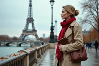 Touriste élégante sur le Pont de Bir-Hakeim avec la Tour Eiffel en arrière-plan à Paris en automne