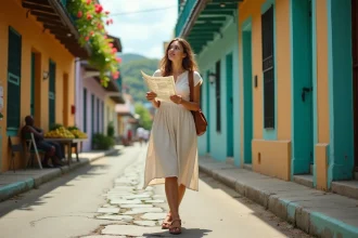Femme touriste explorant les rues colorées du centre-ville de Kingston en Jamaïque