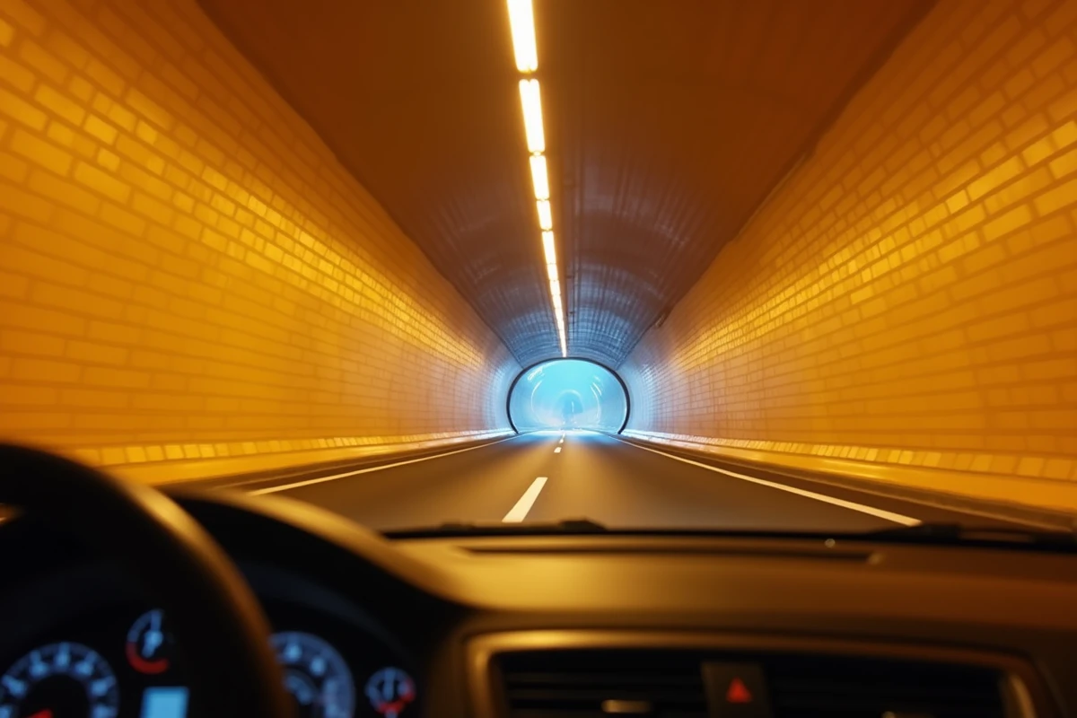 Vue depuis l'intérieur d'un tunnel routier de Madère au volant d'une voiture de location avec reflets sur le tableau de bord