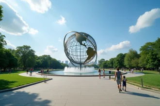 La sculpture Unisphere en acier au cœur de Corona Park à Queens, New York, entourée de pelouses verdoyantes et de visiteurs se promenant
