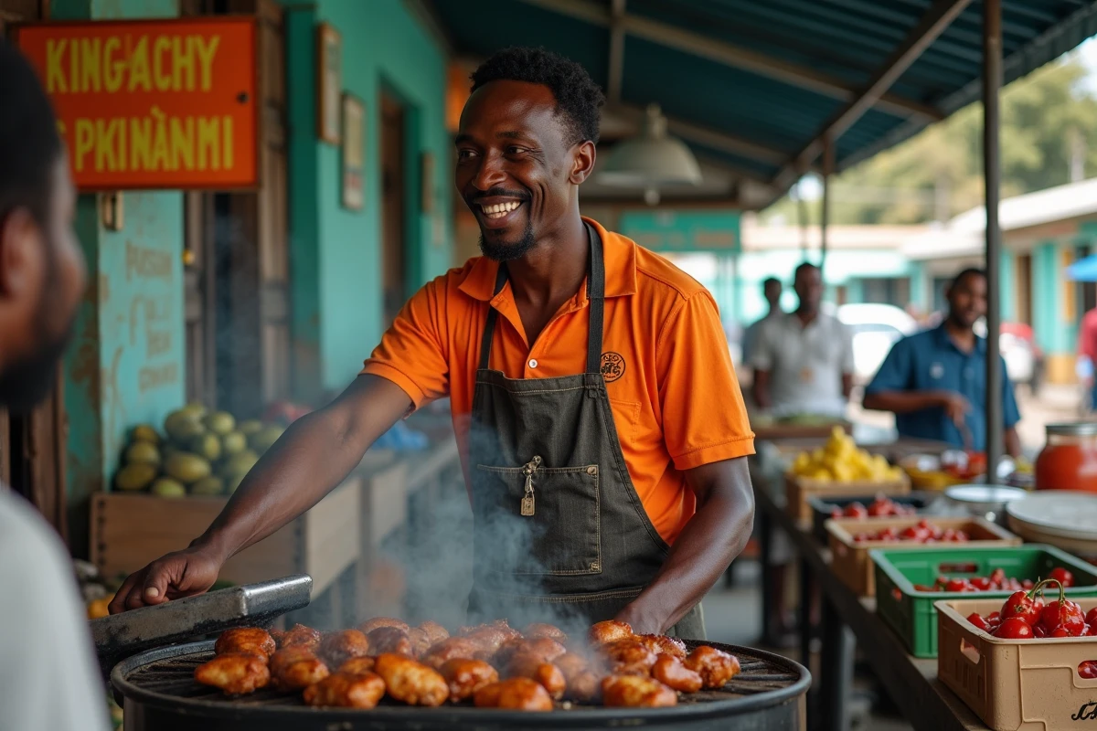 Vendeur de rue préparant du jerk chicken au marché de Kingston en Jamaïque