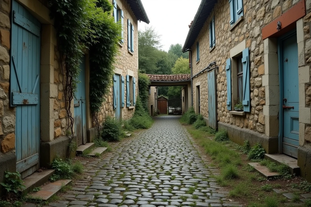 Rue pavée d'un village abandonné en France envahie par la végétation, avec façades en pierre et volets décrépits