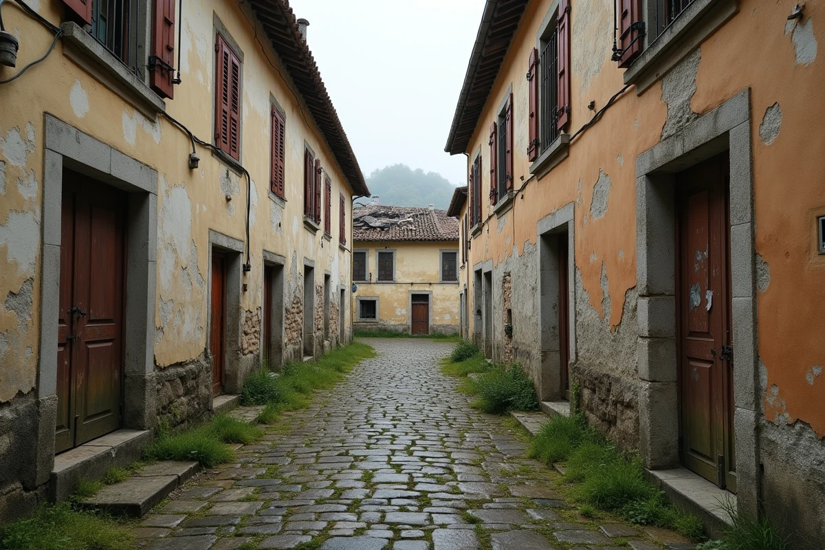 Rue principale d'un village fantôme français abandonné avec façades en pierre délabrées et pavés envahis par la végétation