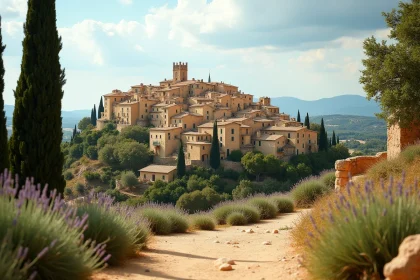 Vue panoramique du village perché de Gordes dans le Luberon avec ses maisons en pierre calcaire dorée empilées sur la colline