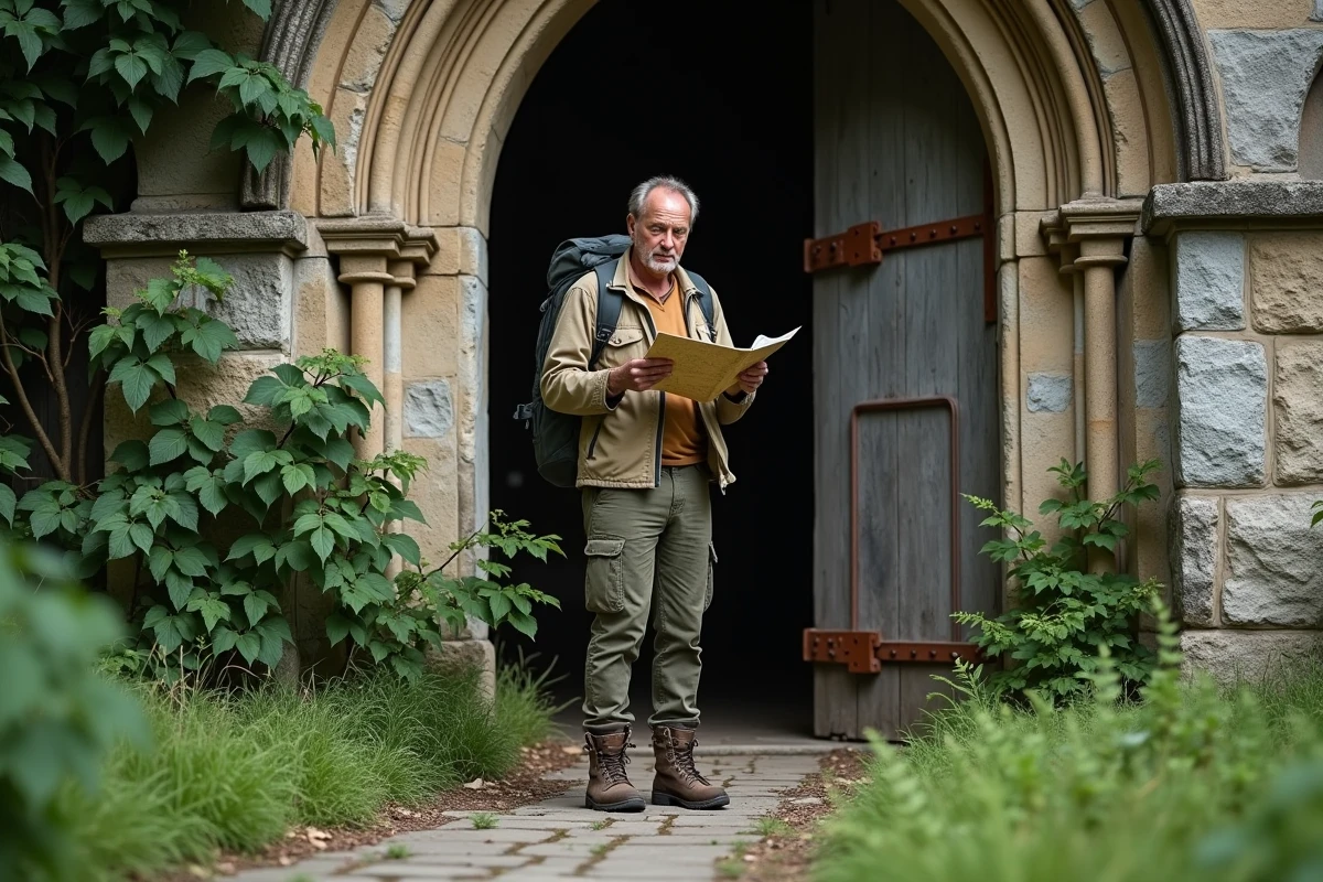Visiteur consultant une carte devant l'entrée d'une église abandonnée envahie par le lierre dans un village fantôme en France