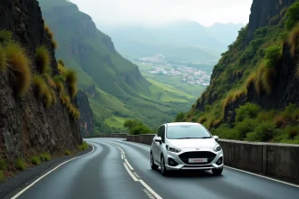 Voiture de location blanche sur une route étroite et vertigineuse de Madère avec falaises verdoyantes et vue sur la côte