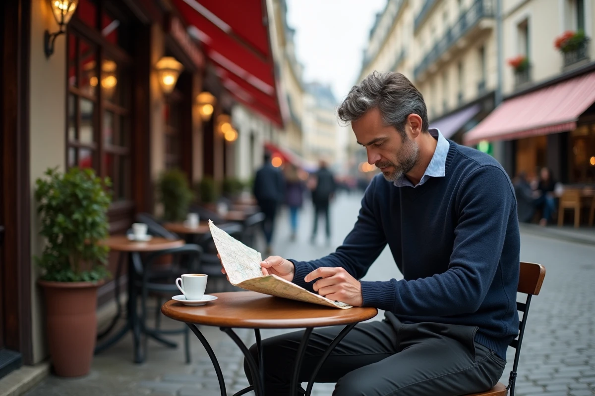 Voyageur consultant une carte dans un café typique du quartier du Marais à Paris