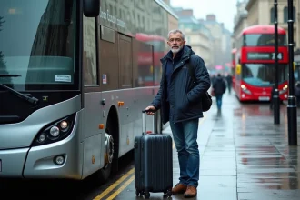 Homme d'âge moyen avec veste navy et valise devant bus à Londres