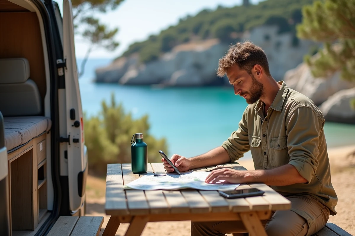 Voyageur solo organisant son itinéraire de camping chaîne devant sa camionnette sur la côte croate