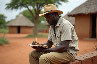 Jeune voyageur en plein air dans un village soudanais