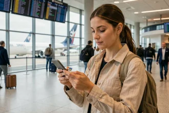 Voyageuse insérant une carte SIM Saily dans son smartphone à l'aéroport pour économiser sur ses données mobiles à l'étranger