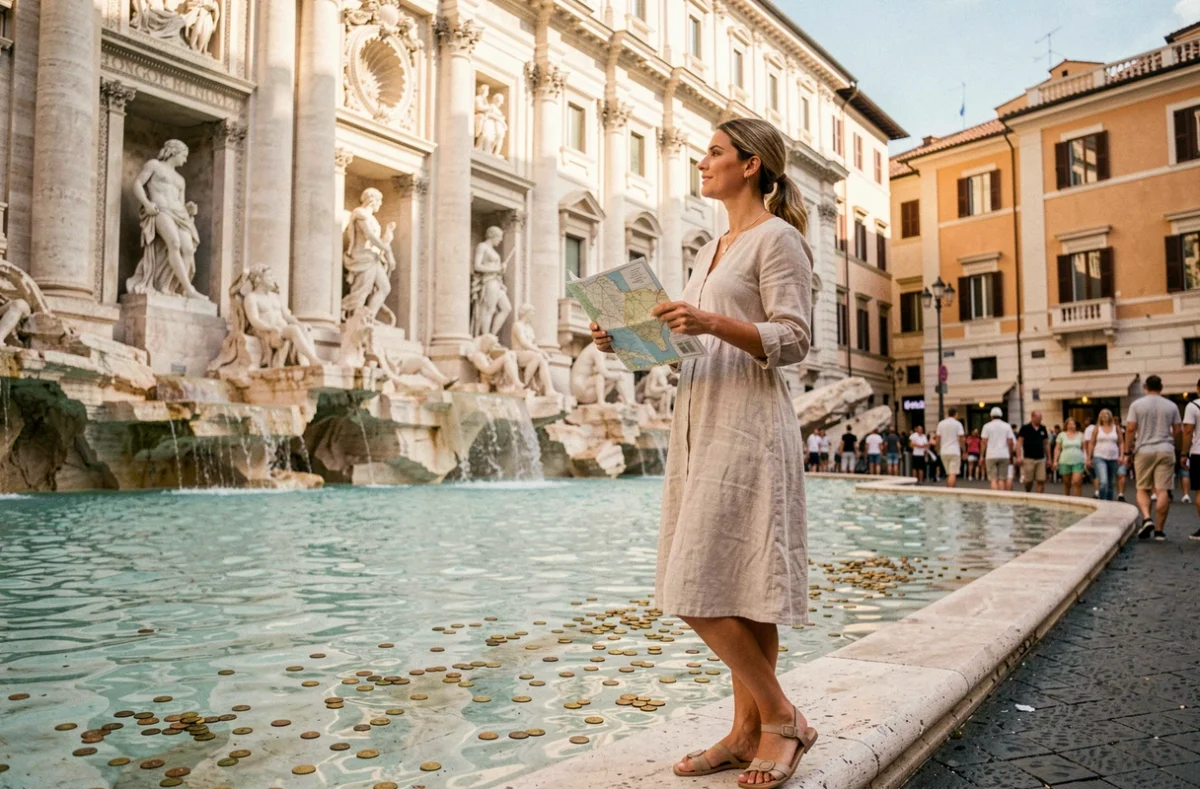 Voyageuse devant la Fontaine de Trevi à Rome tenant une carte papier, ambiance estivale en pierre travertin