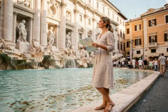 Voyageuse devant la Fontaine de Trevi à Rome tenant une carte papier, ambiance estivale en pierre travertin