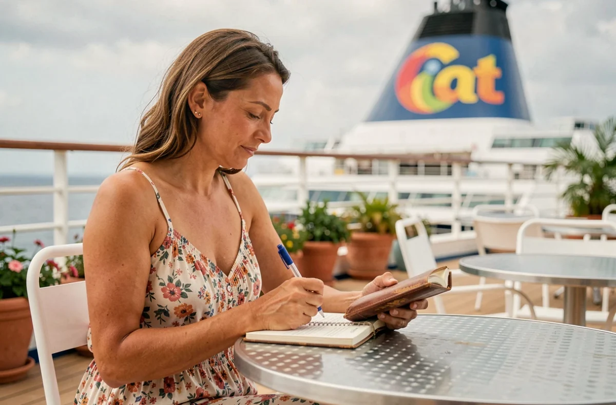 Voyageuse écrivant ses avis dans un journal de bord sur le pont d'un paquebot Costa