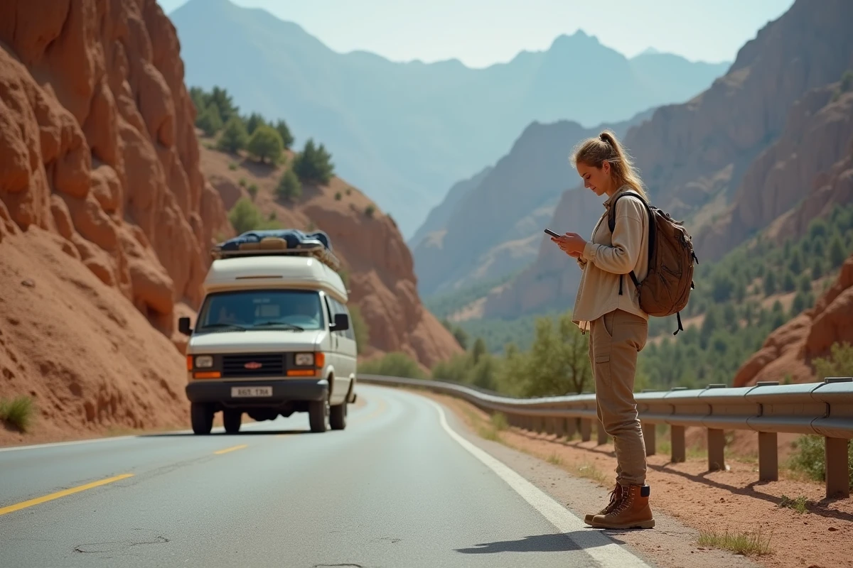 Voyageuse consultan son téléphone sur une route étroite de montagne dans le Haut Atlas marocain avec un camping-car chargé