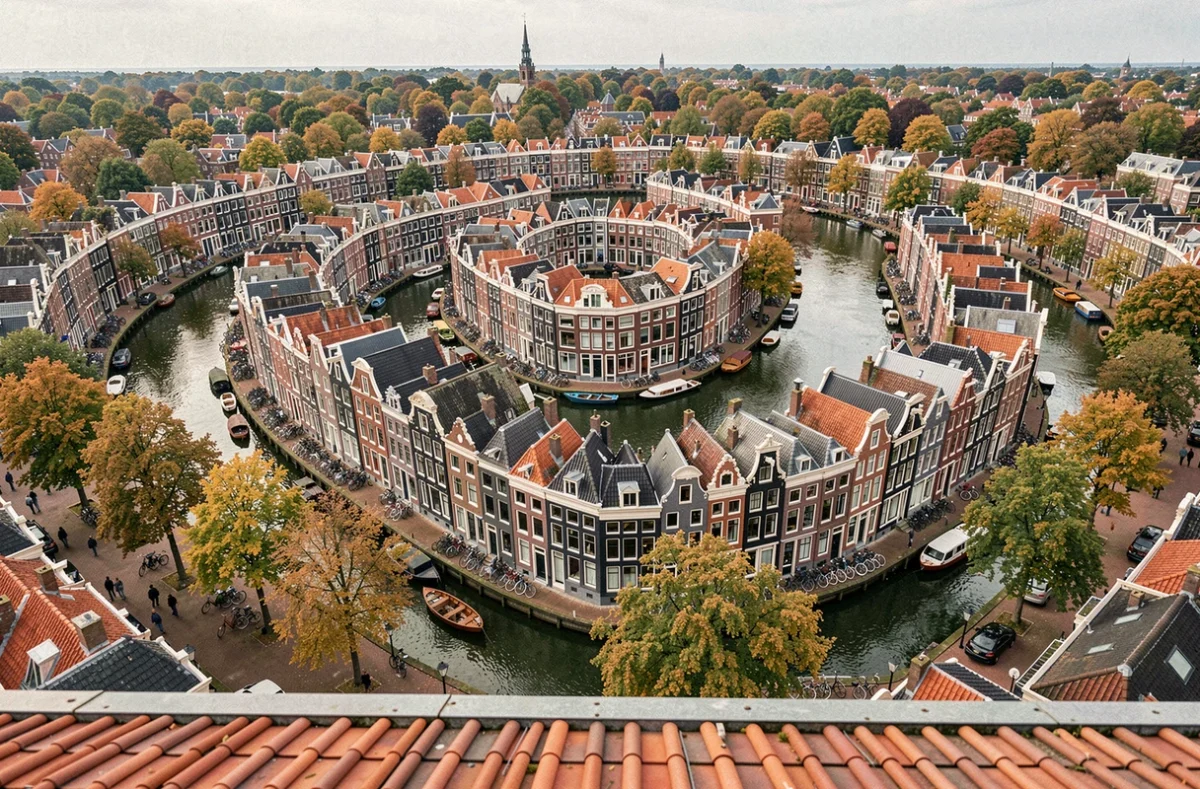 Vue aérienne du quartier historique des canaux de l'Anneau de Canal à Amsterdam, montrant les grachtengordel avec leurs maisons à pignon en briques et les voies navigables concentriques