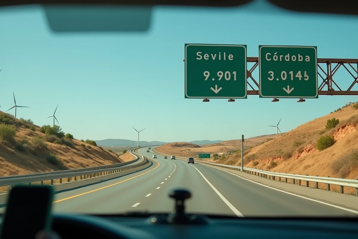 Vue depuis l'intérieur d'une voiture sur une autoroute gratuite espagnole avec panneau de signalisation